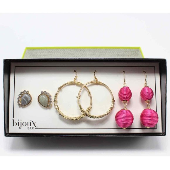 Bijoux Bar 3 Pairs Earrings Hot Pink Drops & Gray Crystal Posts & Gold Hoops NIB - Picture 1 of 8